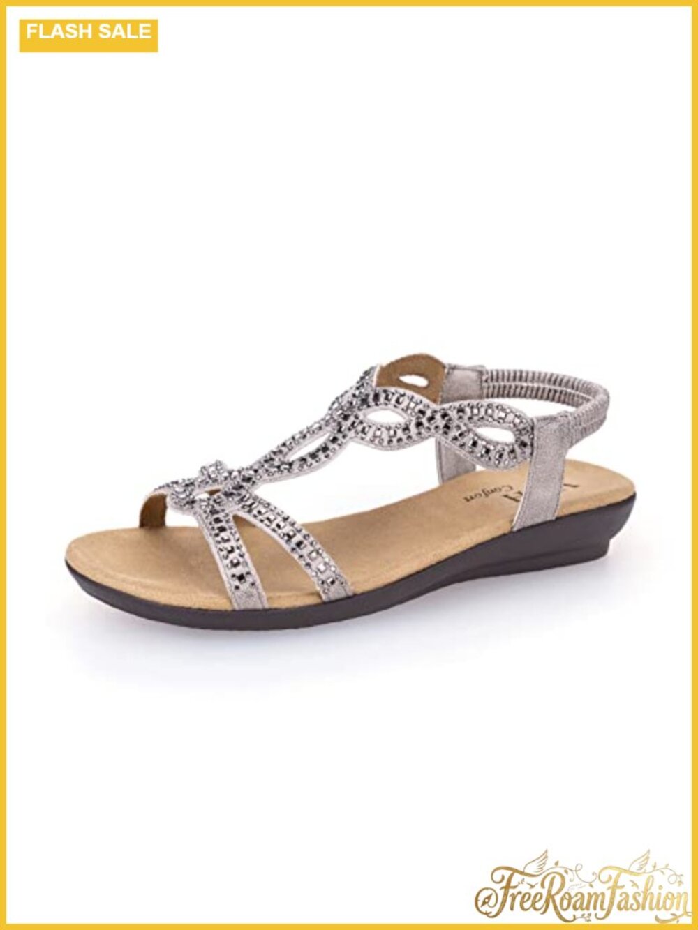 Womens Flat Sandals Rhinestone Open Toe Elastic Strap Slip On Dress